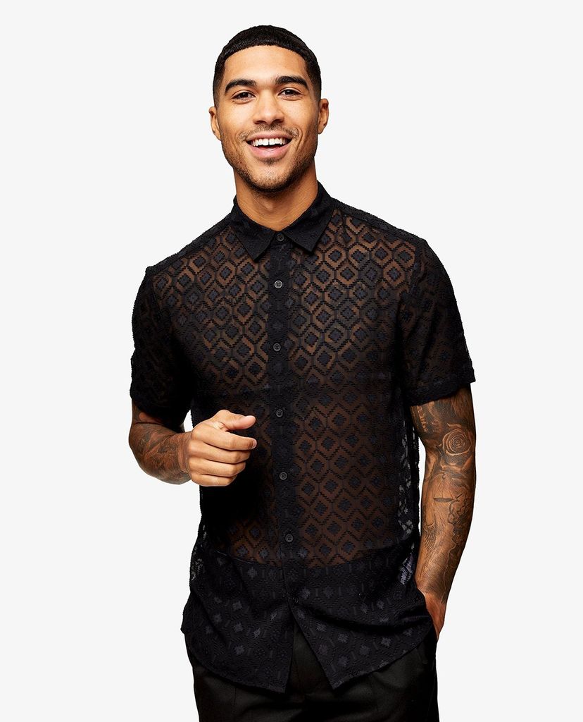 TOPMAN - Áo sơ mi nam tay ngắn cổ gập Black Geometric Jacquard