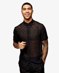 TOPMAN - Áo sơ mi nam tay ngắn cổ gập Black Geometric Jacquard