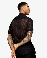 TOPMAN - Áo sơ mi nam tay ngắn cổ gập Black Geometric Jacquard