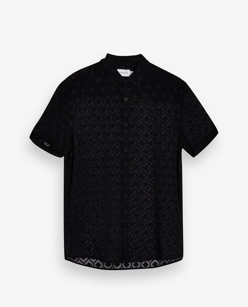 TOPMAN - Áo sơ mi nam tay ngắn cổ gập Black Geometric Jacquard