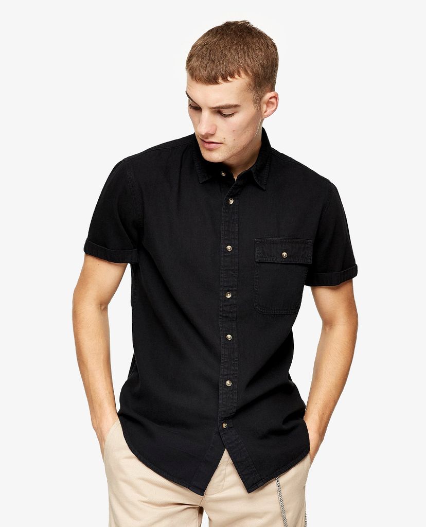 TOPMAN - Áo sơ mi nam ngắn tay Black Rigid Denim Slim