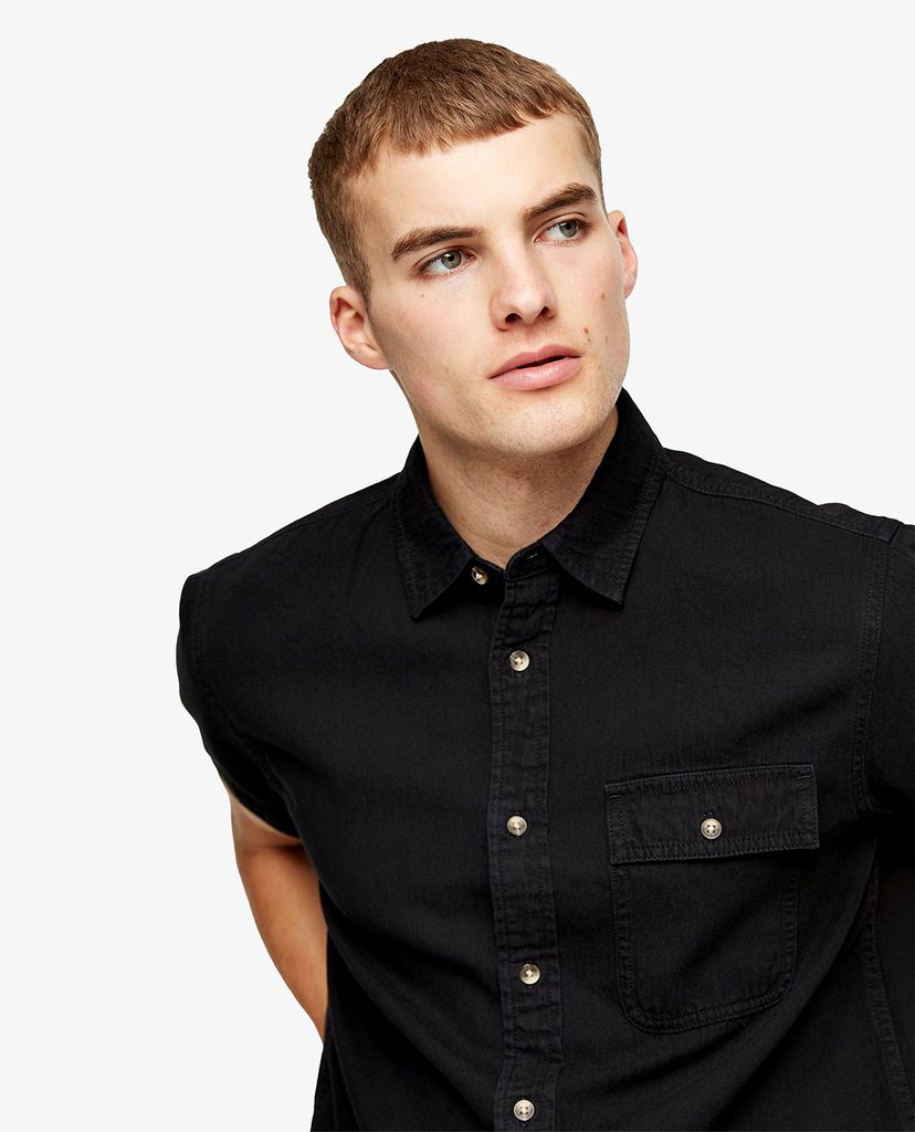 TOPMAN - Áo sơ mi nam ngắn tay Black Rigid Denim Slim