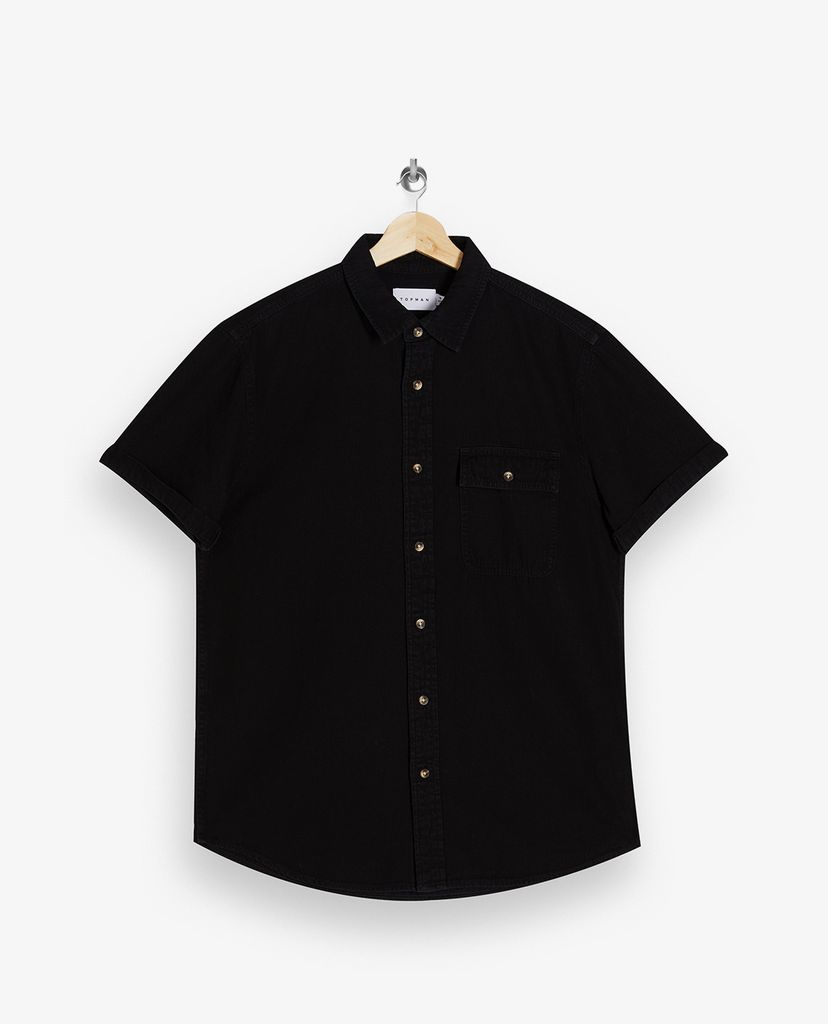 TOPMAN - Áo sơ mi nam ngắn tay Black Rigid Denim Slim
