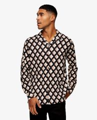 TOPMAN - Áo sơ mi nam tay dài Black And White Diamond Geometric Print
