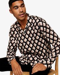 TOPMAN - Áo sơ mi nam tay dài Black And White Diamond Geometric Print