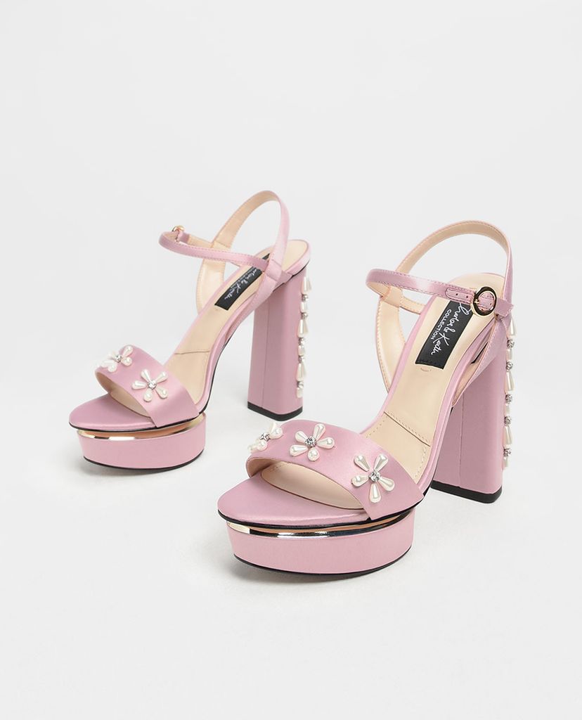 CHARLES & KEITH - Giày cao gót đế vuông Floral Embellished Satin
