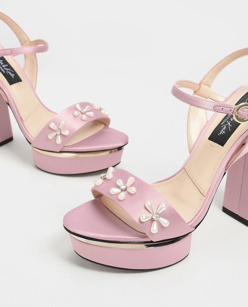 CHARLES & KEITH - Giày cao gót đế vuông Floral Embellished Satin