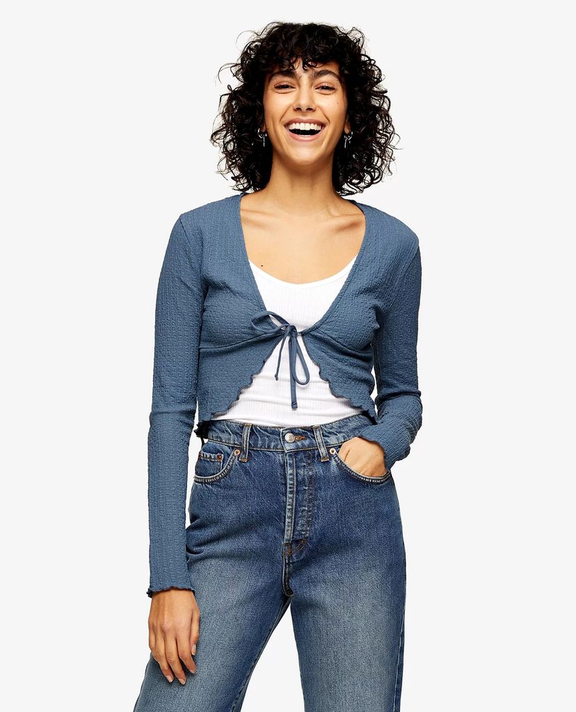 TOPSHOP - Áo cardigan nữ tay dài phối dây Dark Blue Textured