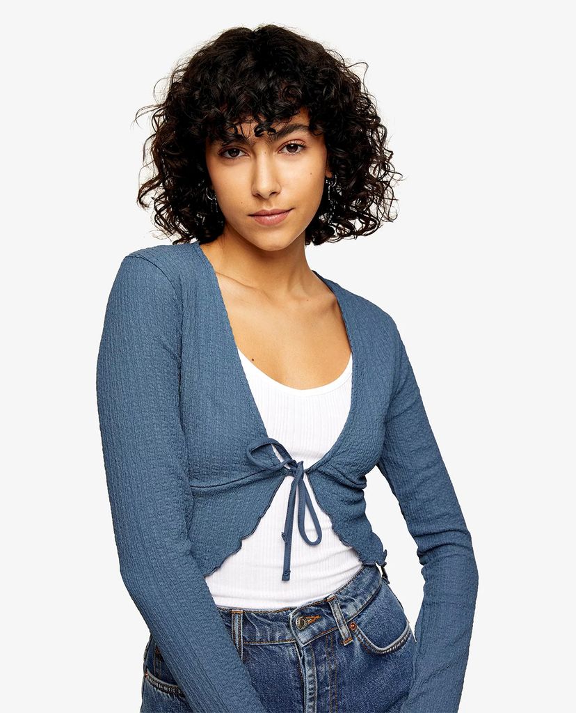 TOPSHOP - Áo cardigan nữ tay dài phối dây Dark Blue Textured