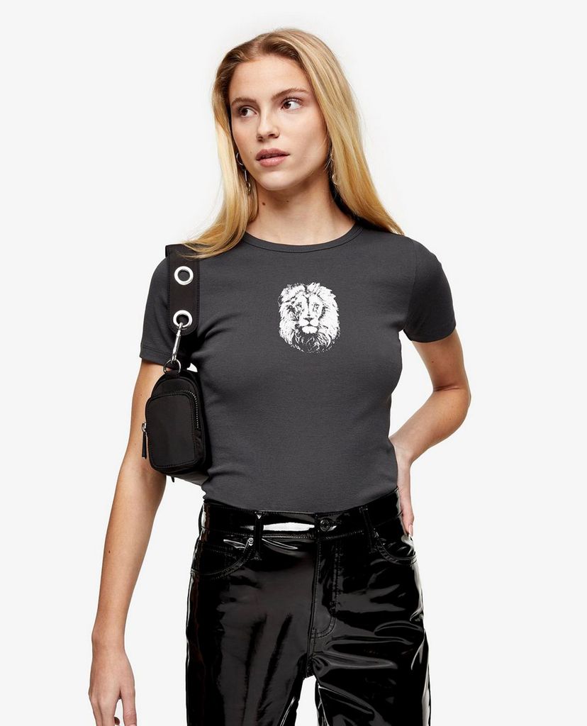 TOPSHOP - Áo thun nữ cổ tròn ngắn tay phom ôm Charcoal Grey Lion Face