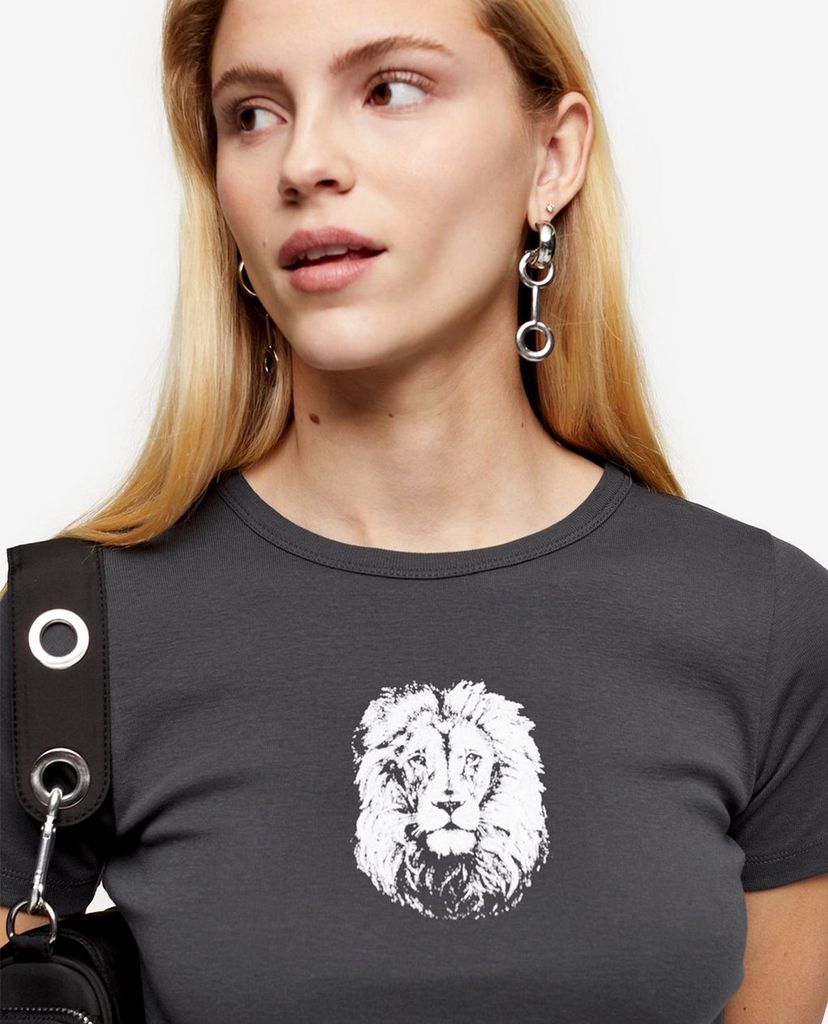 TOPSHOP - Áo thun nữ cổ tròn ngắn tay phom ôm Charcoal Grey Lion Face