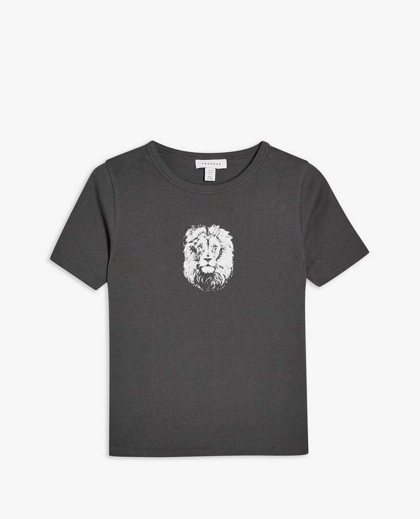 TOPSHOP - Áo thun nữ cổ tròn ngắn tay phom ôm Charcoal Grey Lion Face