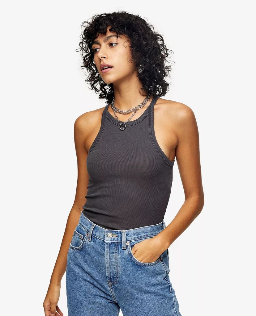 TOPSHOP - Áo ba lỗ nữ phom ôm Charcoal Gray Ribbed Washed