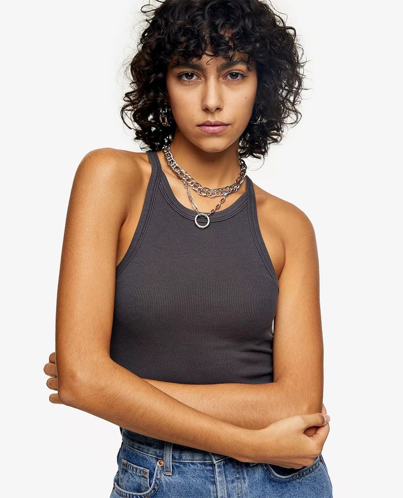 TOPSHOP - Áo ba lỗ nữ phom ôm Charcoal Gray Ribbed Washed