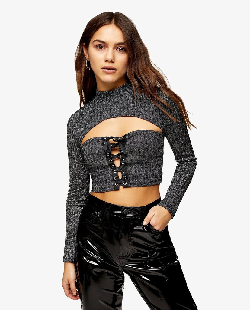 TOPSHOP - Áo croptop nữ tay dài phom ôm Metallic Lace Up