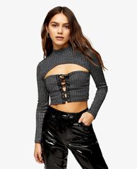 TOPSHOP - Áo croptop nữ tay dài phom ôm Metallic Lace Up