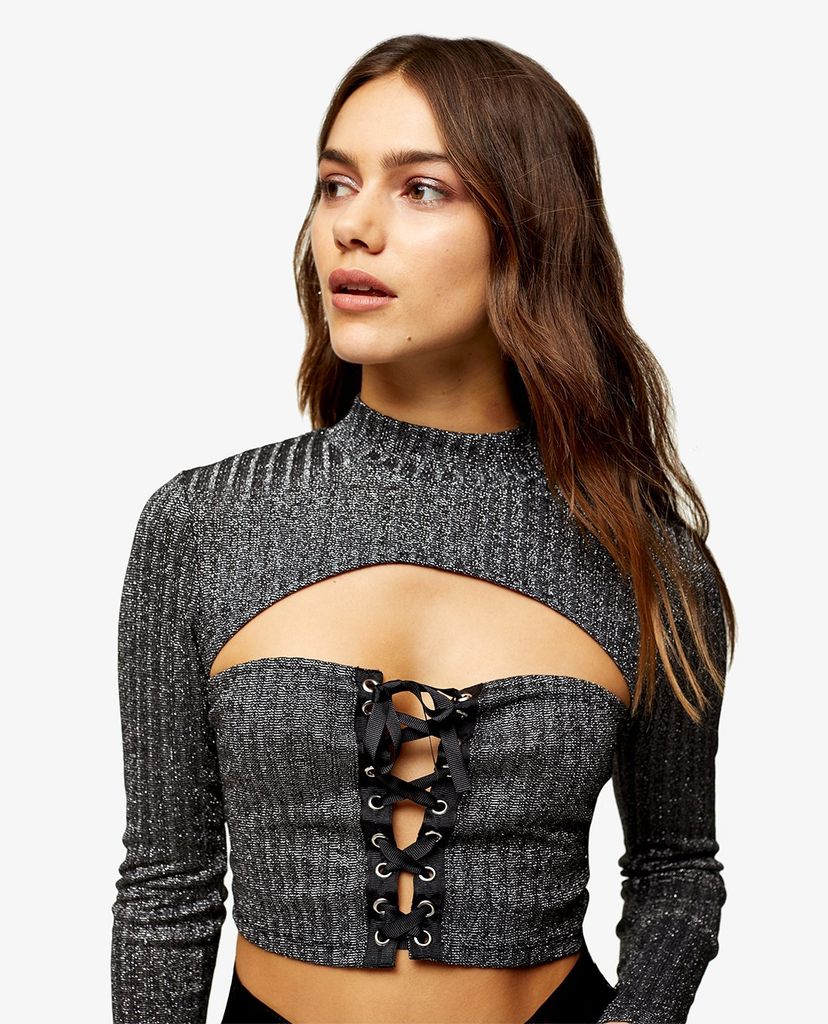 TOPSHOP - Áo croptop nữ tay dài phom ôm Metallic Lace Up