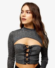 TOPSHOP - Áo croptop nữ tay dài phom ôm Metallic Lace Up