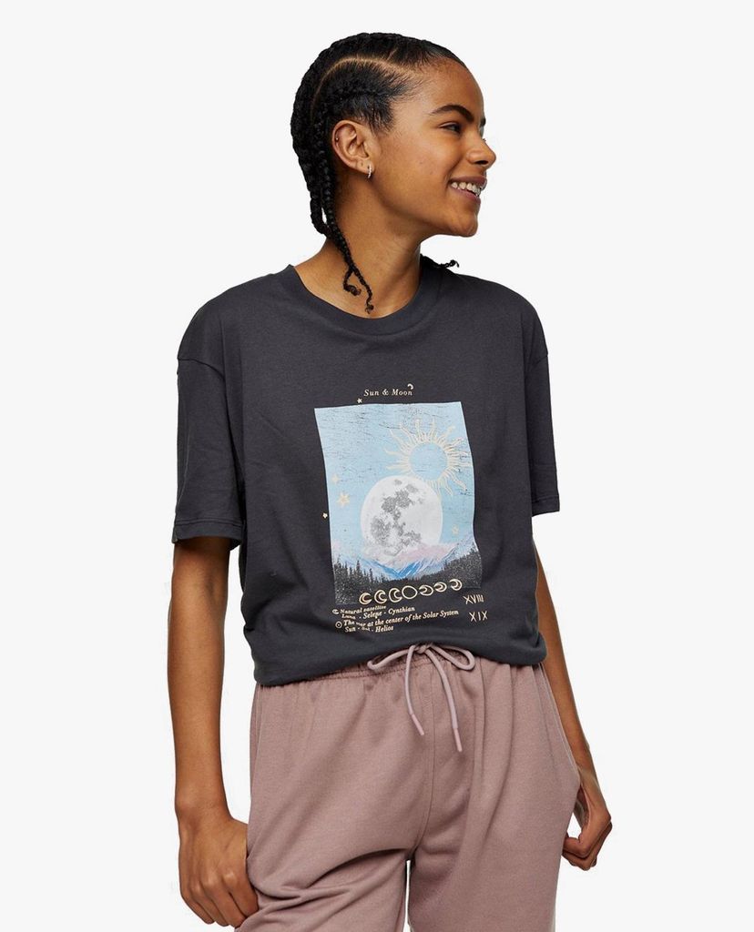 TOPSHOP - Áo thun nữ ngắn tay PETITE Charcoal Grey Mystic Sun and Moon