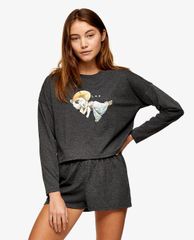 TOPSHOP - Set áo thun dài tay và quần shorts Charcoal Grey Relaxed