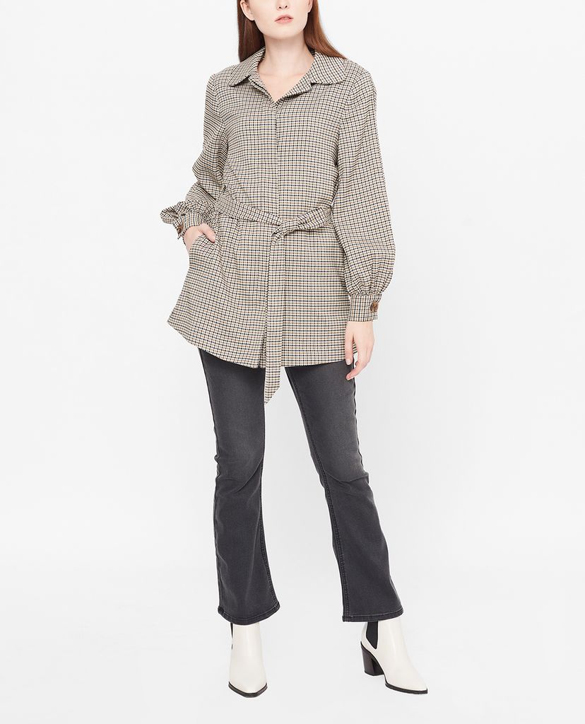 GIGI - Áo khoác nữ cổ bẻ tay dài phối thắt lưng Checked