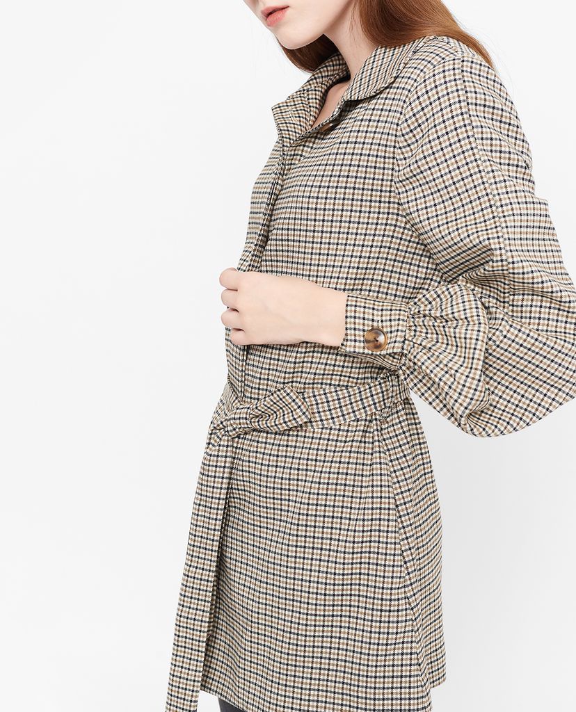 GIGI - Áo khoác nữ cổ bẻ tay dài phối thắt lưng Checked