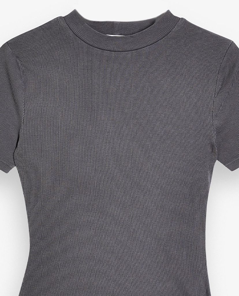 TOPSHOP - Áo thun nữ cổ cao ngắn tay phom ôm Grey Acid Wash