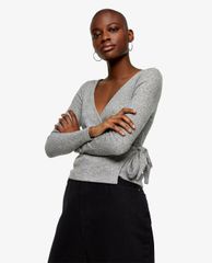 TOPSHOP - Áo kiểu nữ cổ V tay dài Grey Brushed Ribbed Wrap