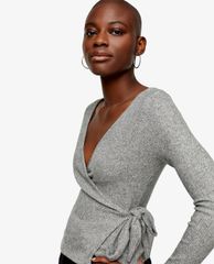 TOPSHOP - Áo kiểu nữ cổ V tay dài Grey Brushed Ribbed Wrap