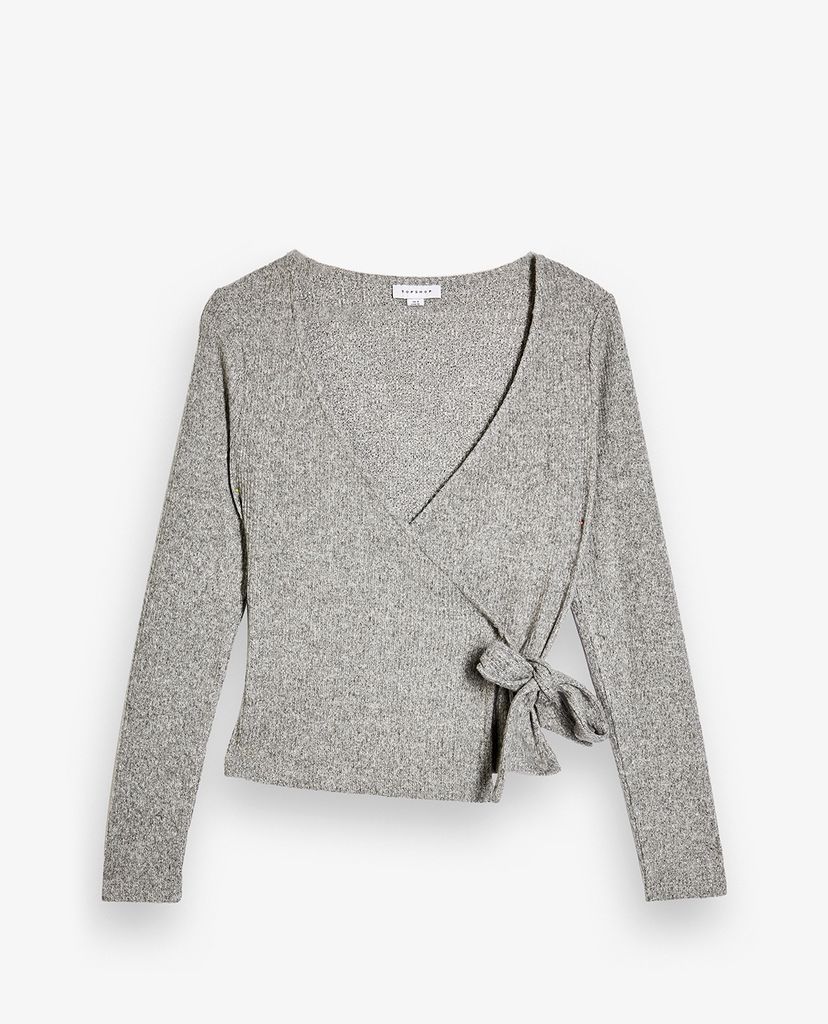 TOPSHOP - Áo kiểu nữ cổ V tay dài Grey Brushed Ribbed Wrap
