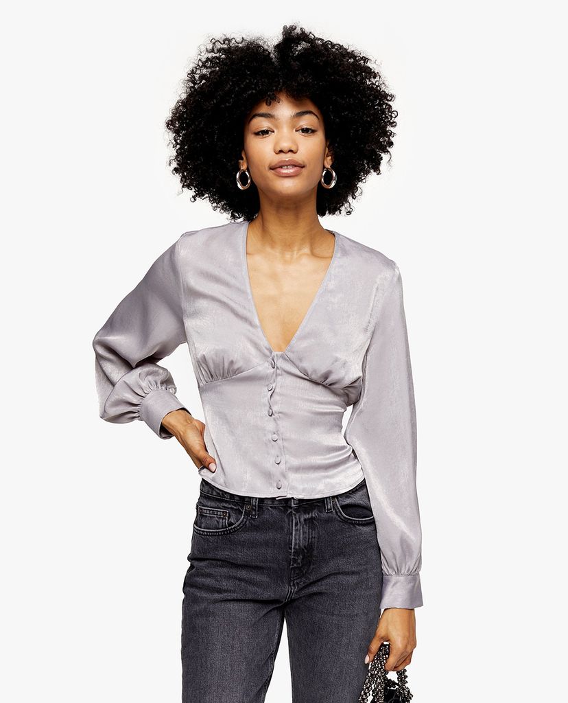 TOPSHOP - Áo kiểu nữ cổ V tay dài Slate Grey Plain Satin Tie Front