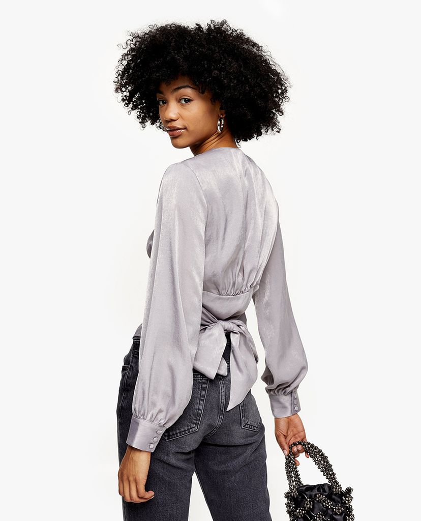 TOPSHOP - Áo kiểu nữ cổ V tay dài Slate Grey Plain Satin Tie Front