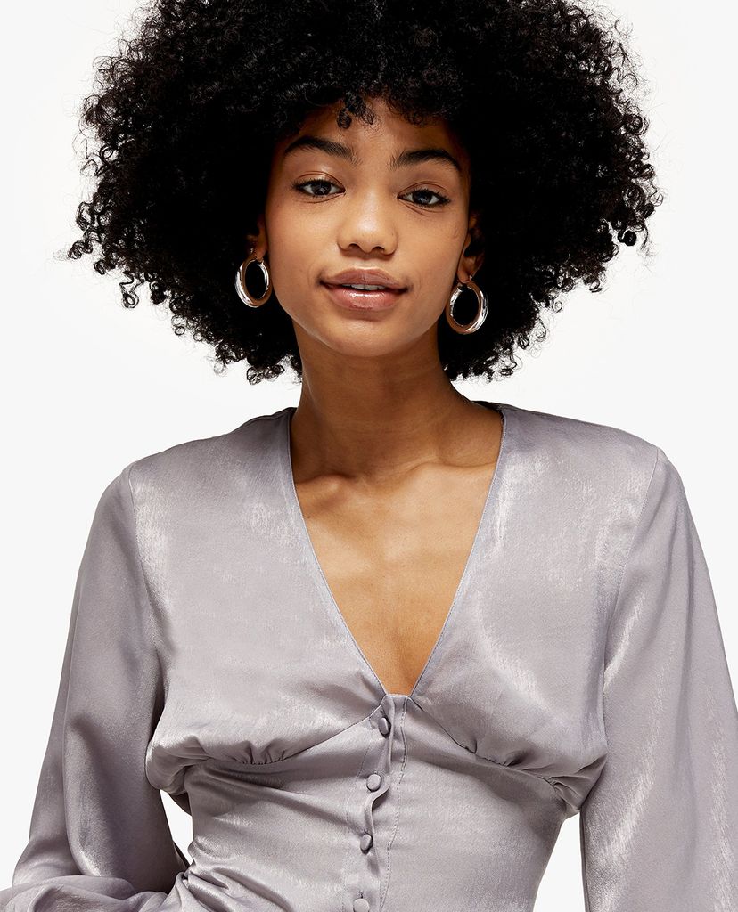 TOPSHOP - Áo kiểu nữ cổ V tay dài Slate Grey Plain Satin Tie Front