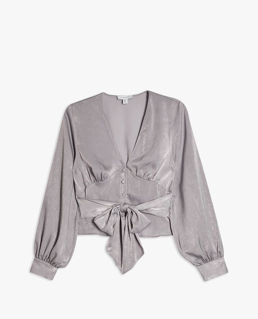 TOPSHOP - Áo kiểu nữ cổ V tay dài Slate Grey Plain Satin Tie Front