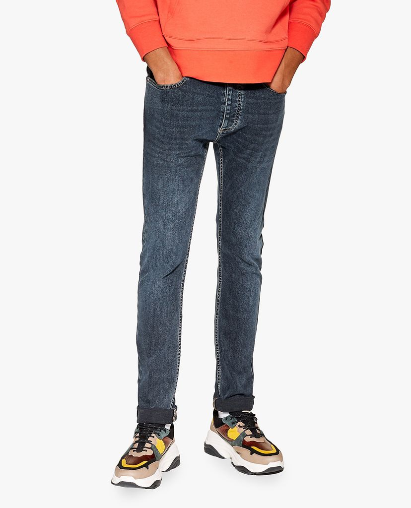 TOPMAN - Quần jeans nam phom skinny Mid Wash Blue Stretch