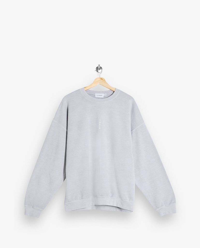 TOPMAN - Áo sweatshirt nam cổ tròn Grey Vertical Tokyo