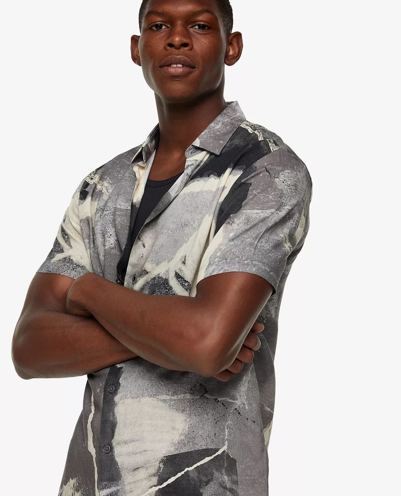 TOPMAN - Áo sơ mi nam tay ngắn Grey Concrete Print Slim