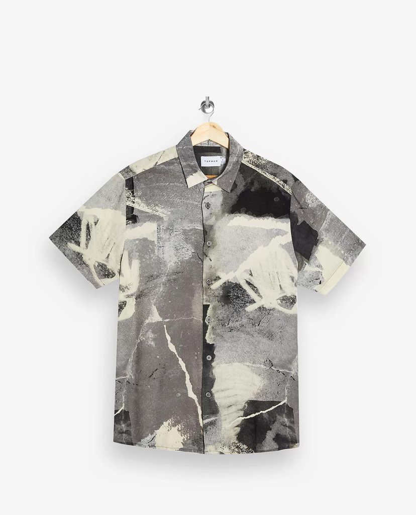 TOPMAN - Áo sơ mi nam tay ngắn Grey Concrete Print Slim
