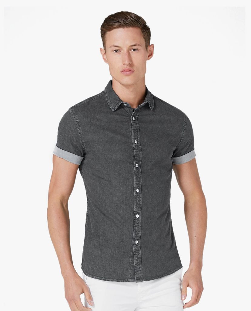 TOPMAN - Áo sơ mi nam ngắn tay phom ôm Grey Denim Stretch Skinny