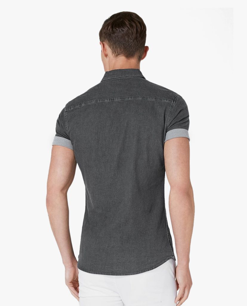 TOPMAN - Áo sơ mi nam ngắn tay phom ôm Grey Denim Stretch Skinny