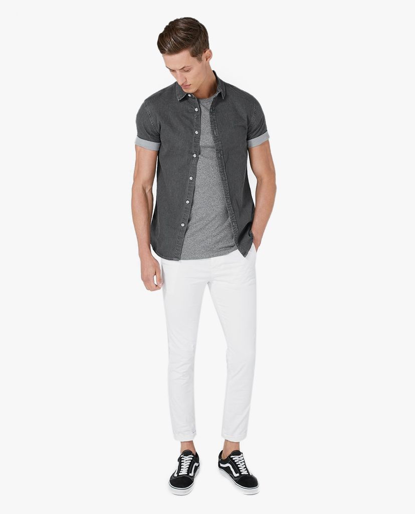 TOPMAN - Áo sơ mi nam ngắn tay phom ôm Grey Denim Stretch Skinny