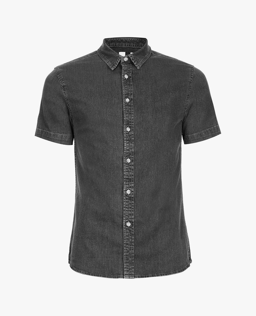 TOPMAN - Áo sơ mi nam ngắn tay phom ôm Grey Denim Stretch Skinny
