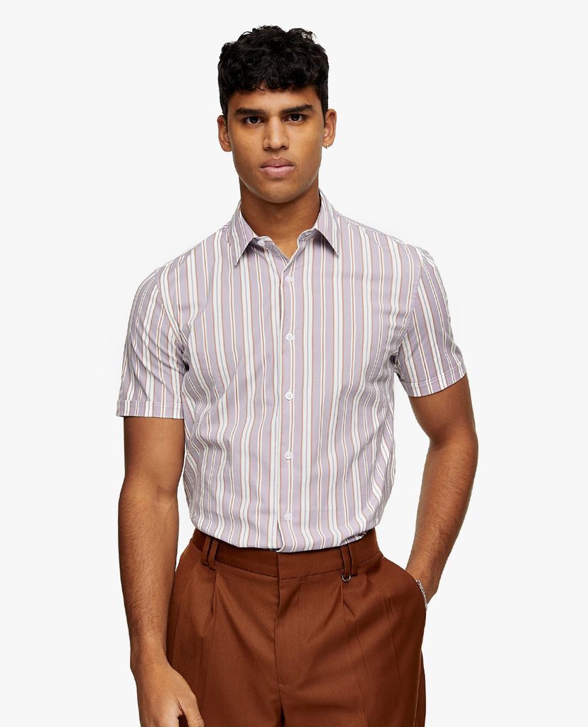 TOPMAN - Áo sơ mi nam tay ngắn kẻ sọc Grey And White Stripe