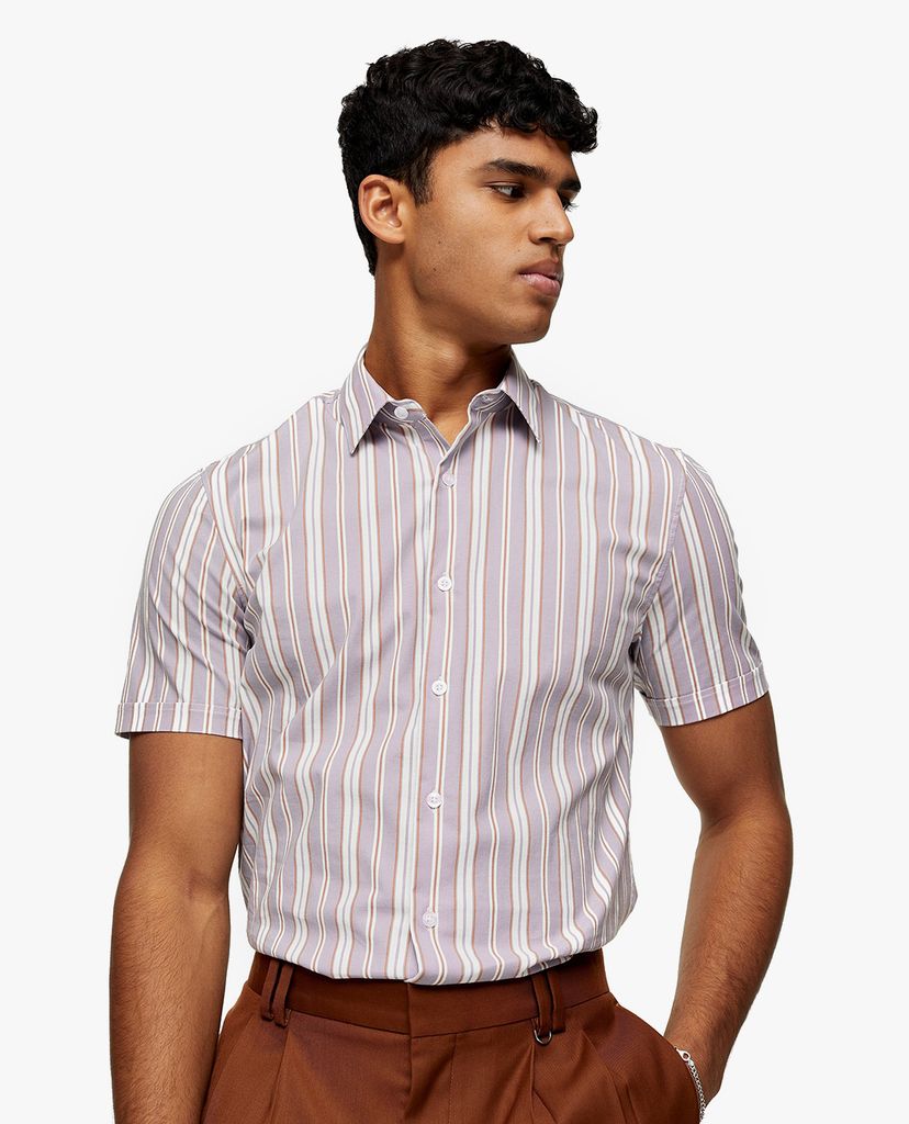 TOPMAN - Áo sơ mi nam tay ngắn kẻ sọc Grey And White Stripe