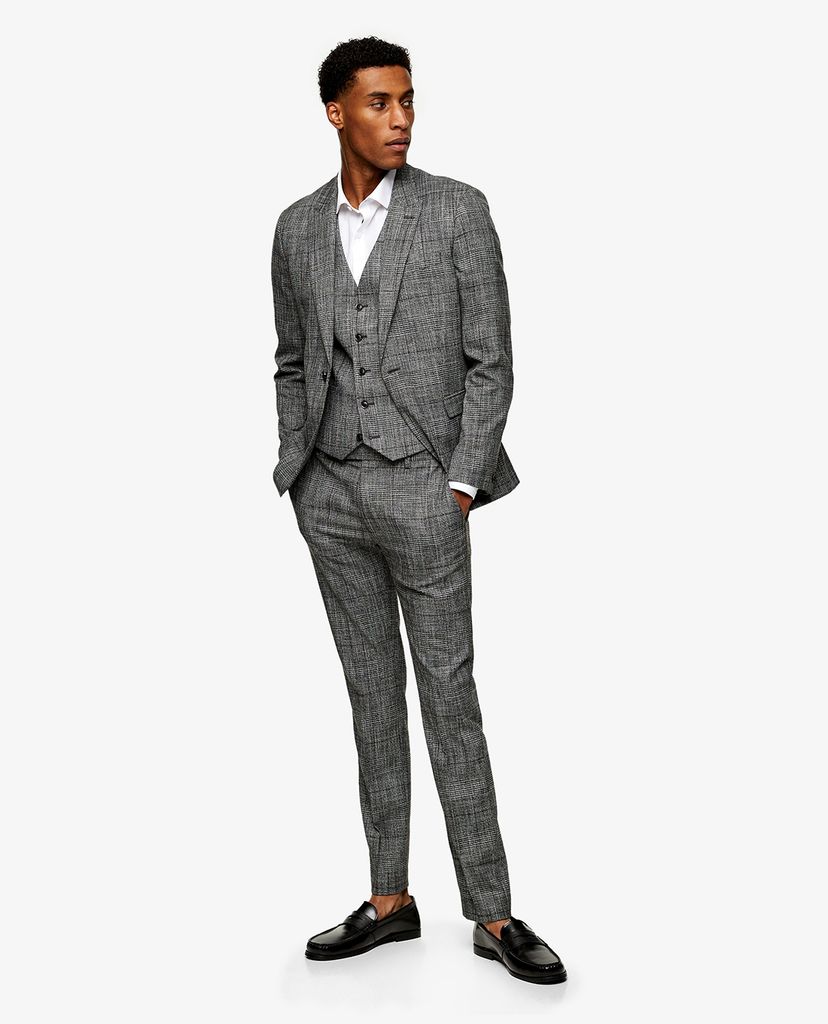 TOPMAN - Áo blazer nam phom skinny Grey Check Single Breasted