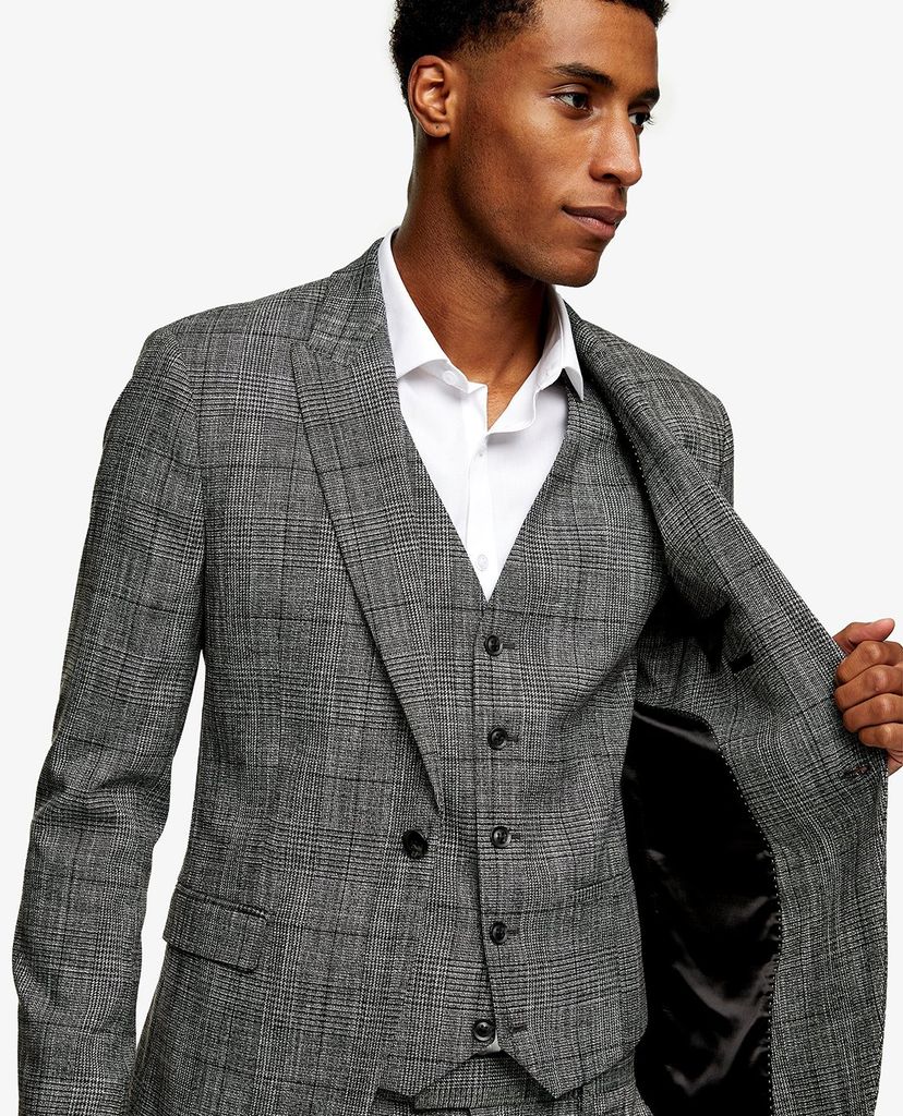 TOPMAN - Áo blazer nam phom skinny Grey Check Single Breasted