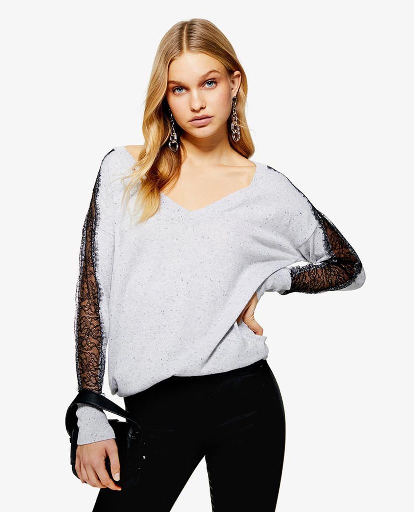 TOPSHOP - Áo len nữ cổ V tay dài Lace Insert Longline Knitted