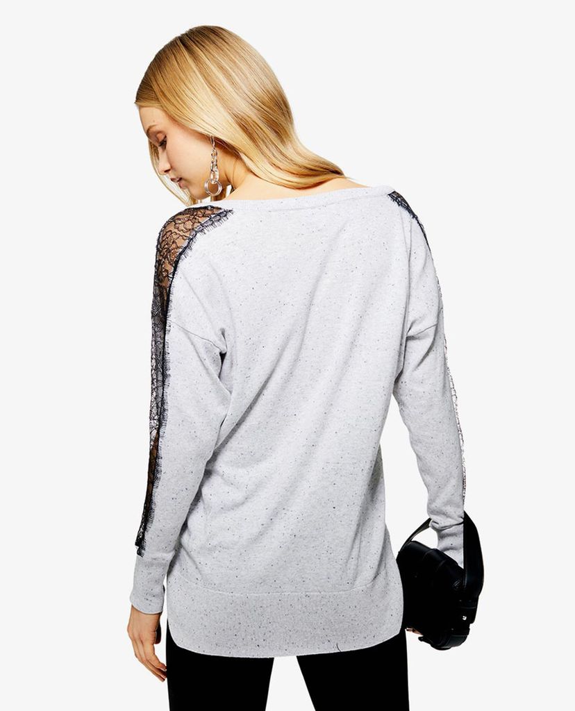TOPSHOP - Áo len nữ cổ V tay dài Lace Insert Longline Knitted