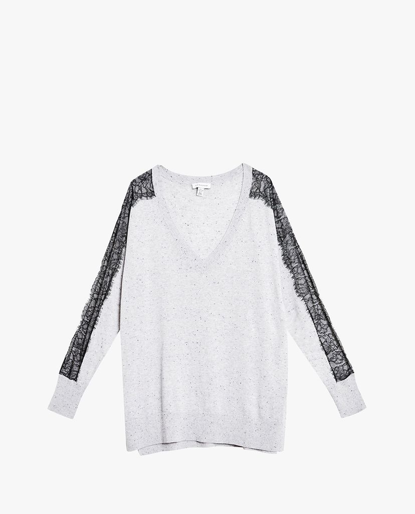 TOPSHOP - Áo len nữ cổ V tay dài Lace Insert Longline Knitted