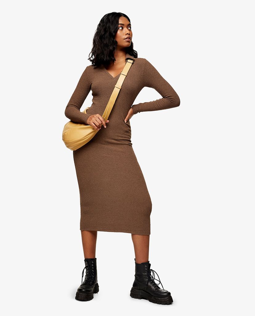 TOPSHOP - Đầm midi phom ôm tay dài cổ V Collar